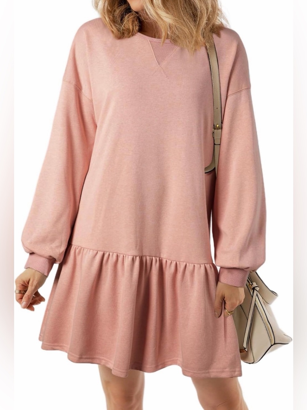 PrettyGarden Casual Pullover Pink Crewneck Rib Knit Patchwork Sweatshirt Dress